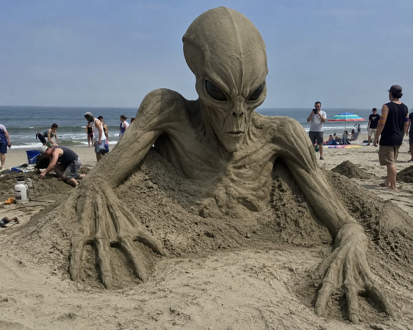 Huge alien sand sculpture rises from a crowded beach while beachgoers watch calmly nearby.