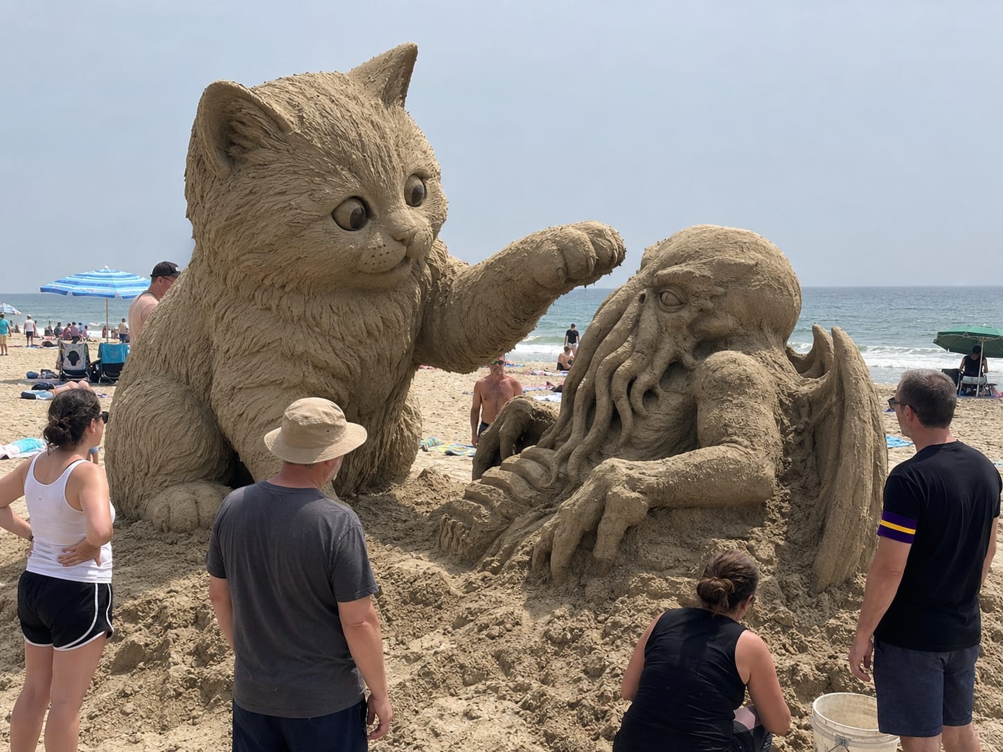 Giant sand kitten playfully bats at a Cthulhu-like sand monster on a busy beach.