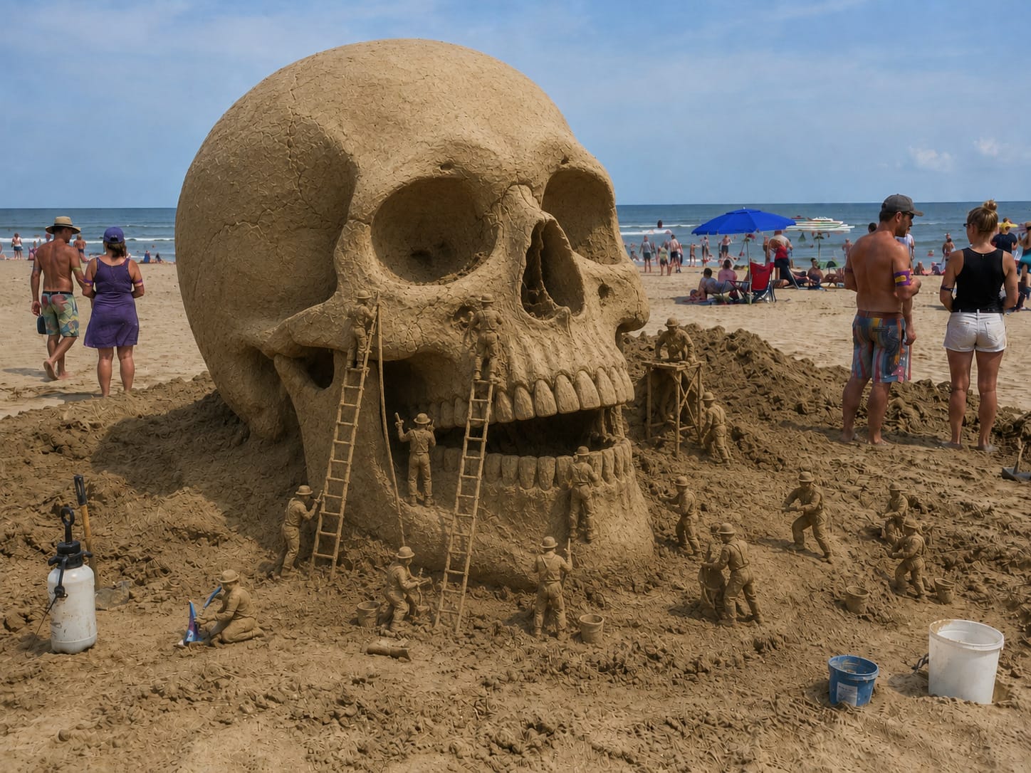 Giant human skull sand sculpture has tiny worker figures cleaning its teeth with ladders.