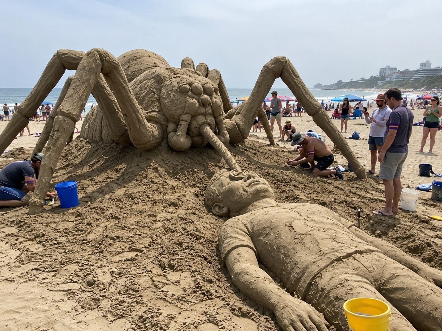 Huge sand spider looms over a human-shaped sand figure while beachgoers observe the installation.