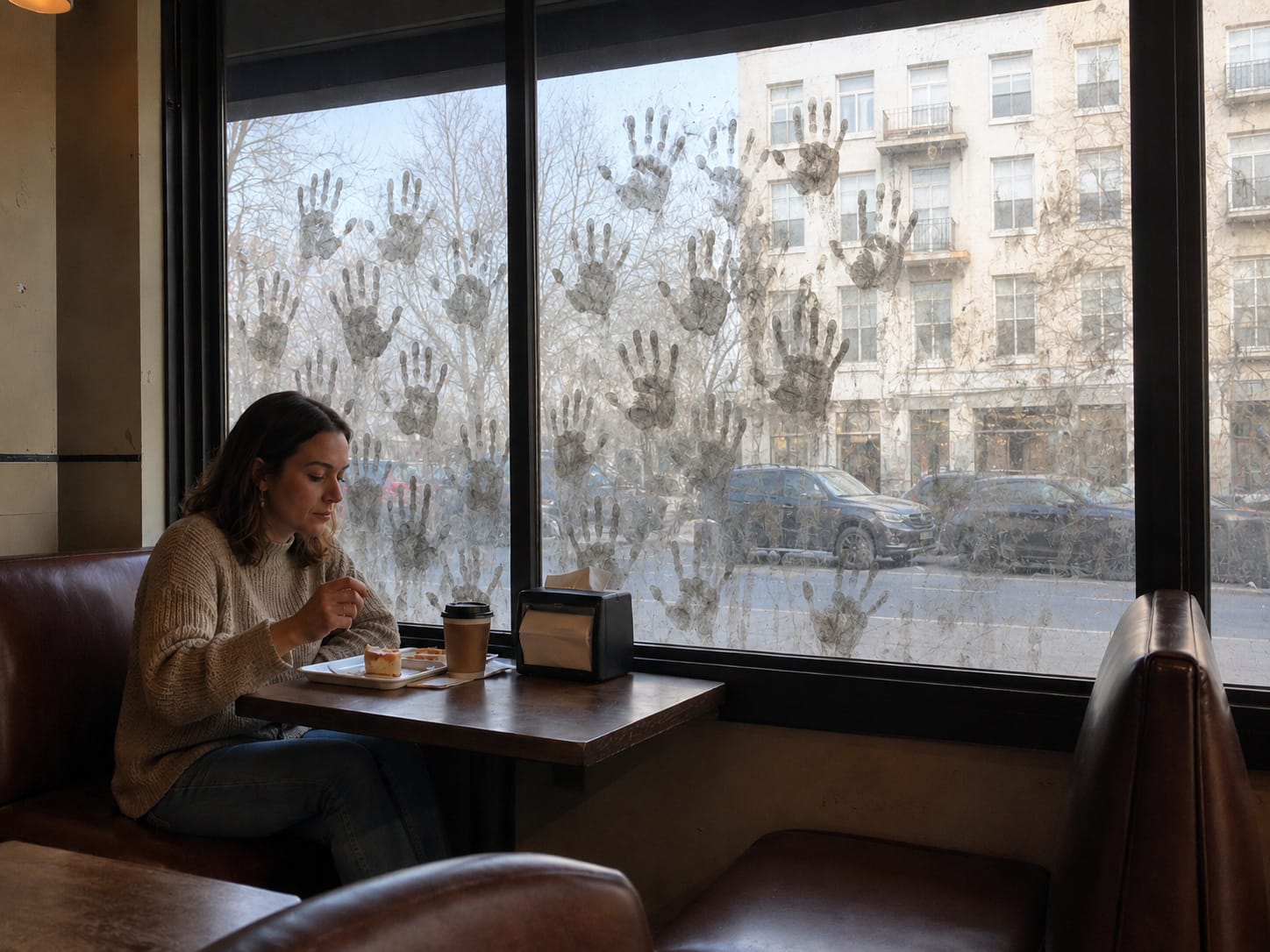 A woman sits alone in a café booth as human-sized greasy handprints cluster on the window behind her.