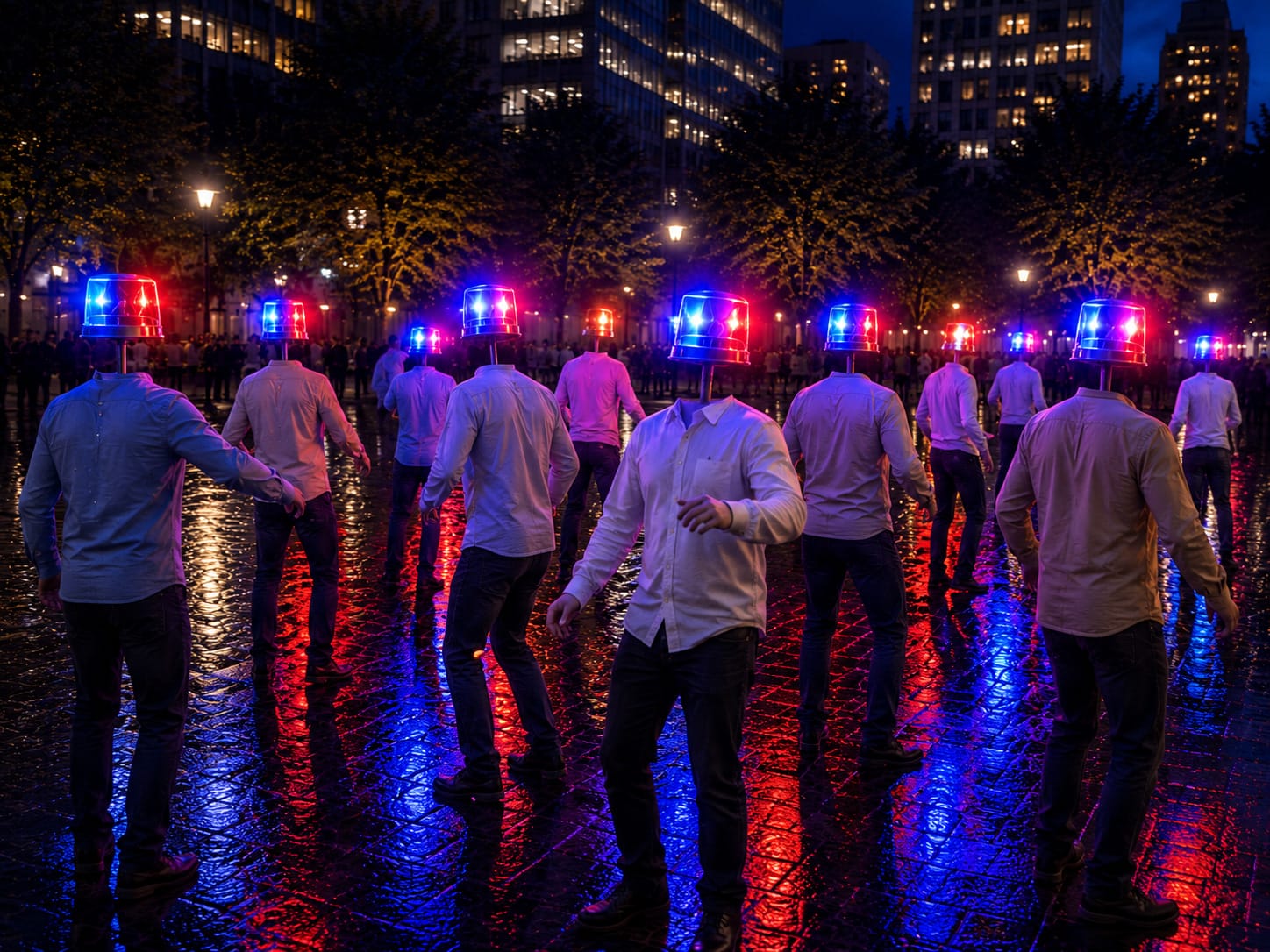 Headless mannequins with bright rotating red-and-blue police lights reach through a rain-wet plaza at night.