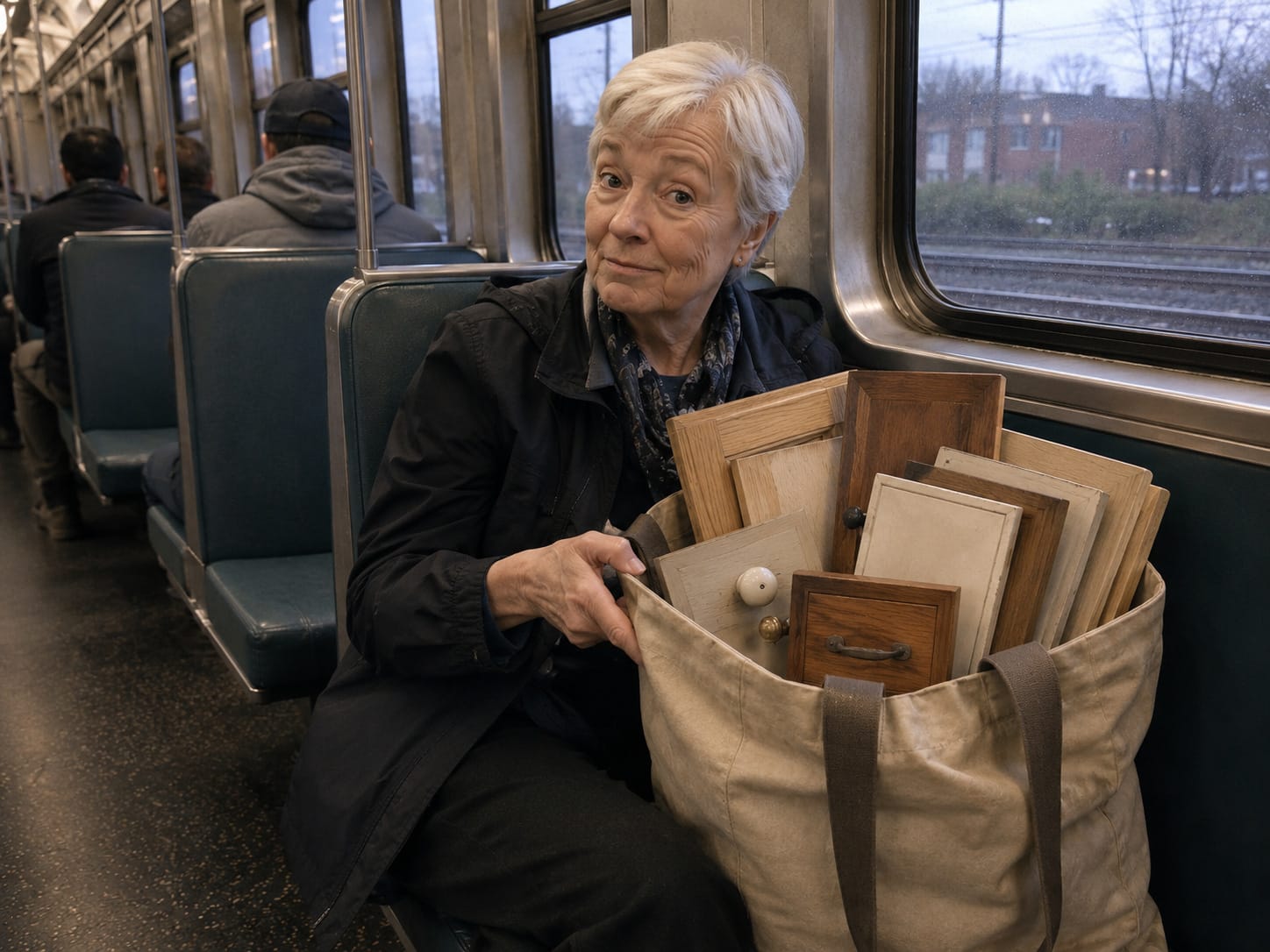 The Shopping Lady looks knowingly at the camera while presenting a worn tote packed with mismatched cabinet doors on a commuter train.