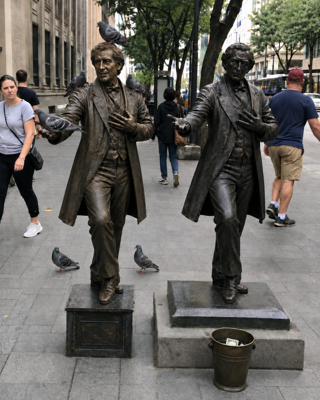 Bronze-painted performer beside a matching statue, covered in pigeons while pedestrians pass along a busy downtown sidewalk.
