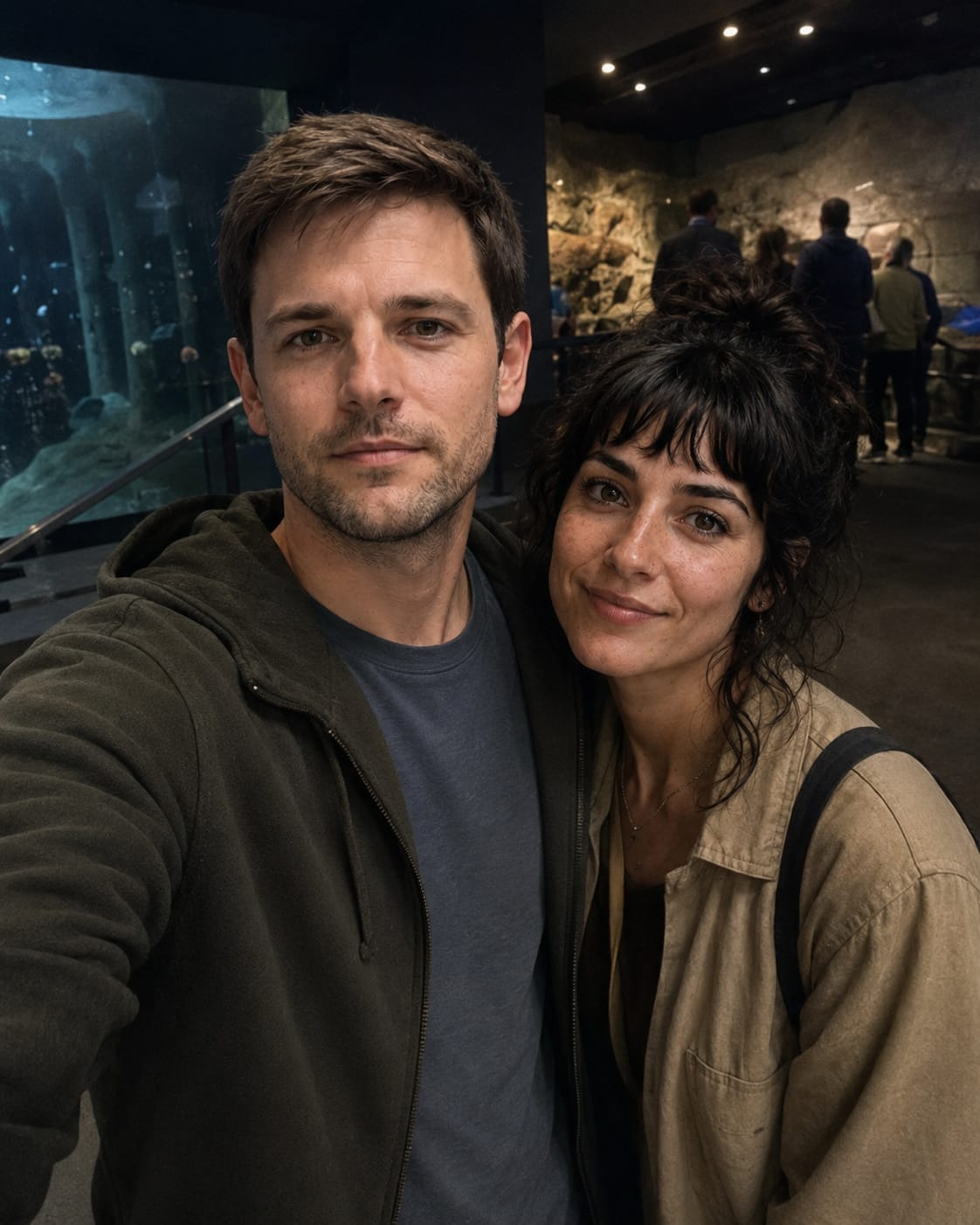 Evan and Leah take an awkward selfie in a dim aquarium or museum exhibit.