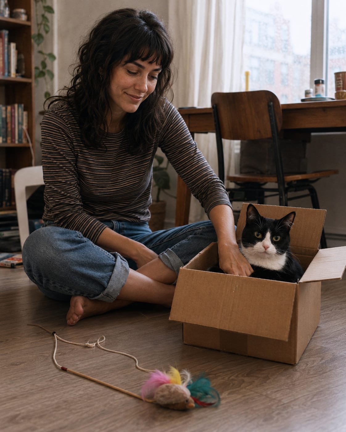 Leah sits on the floor with Mabel settled inside a cardboard box.