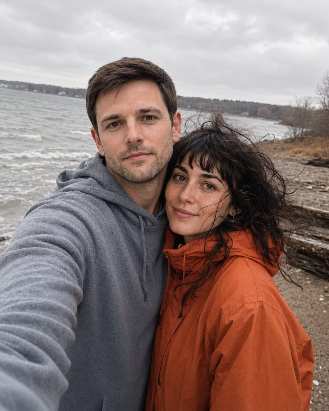Evan and Leah stand near gray water on a cold, windy beach day.