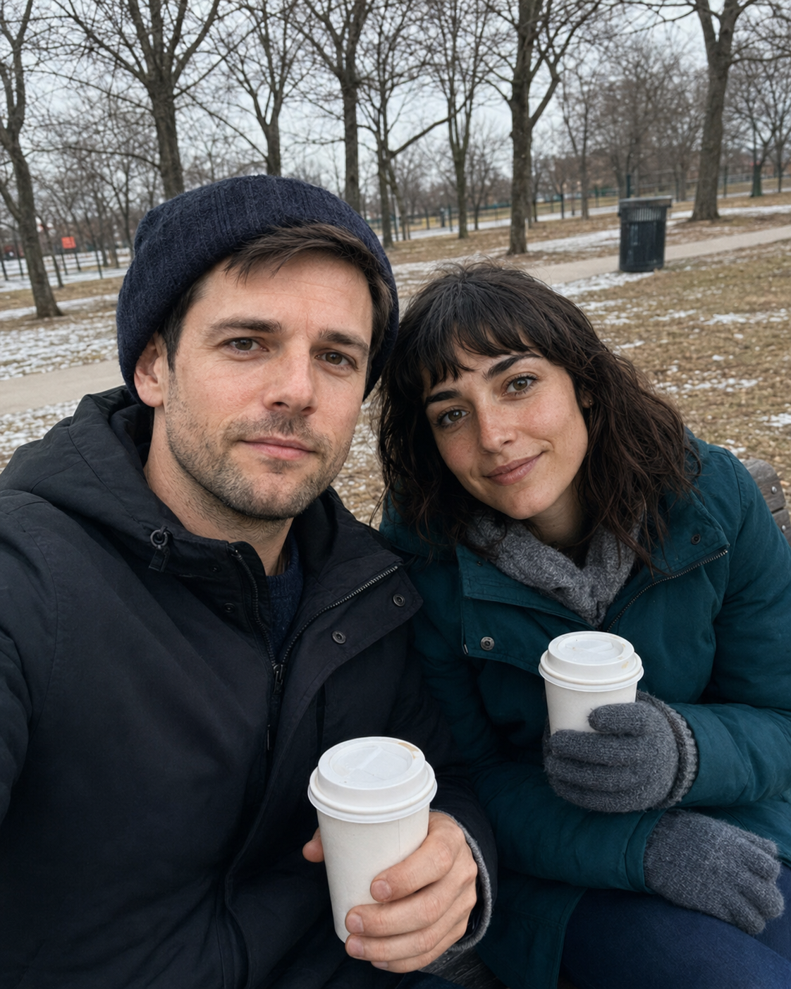 Evan and Leah sit bundled on a winter park bench with coffee.