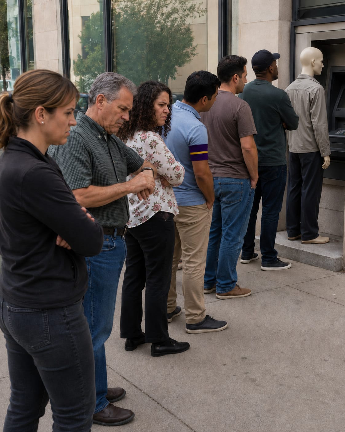 An irritated ATM queue waits behind a bald retail mannequin; one customer wears a purple-and-gold armband.