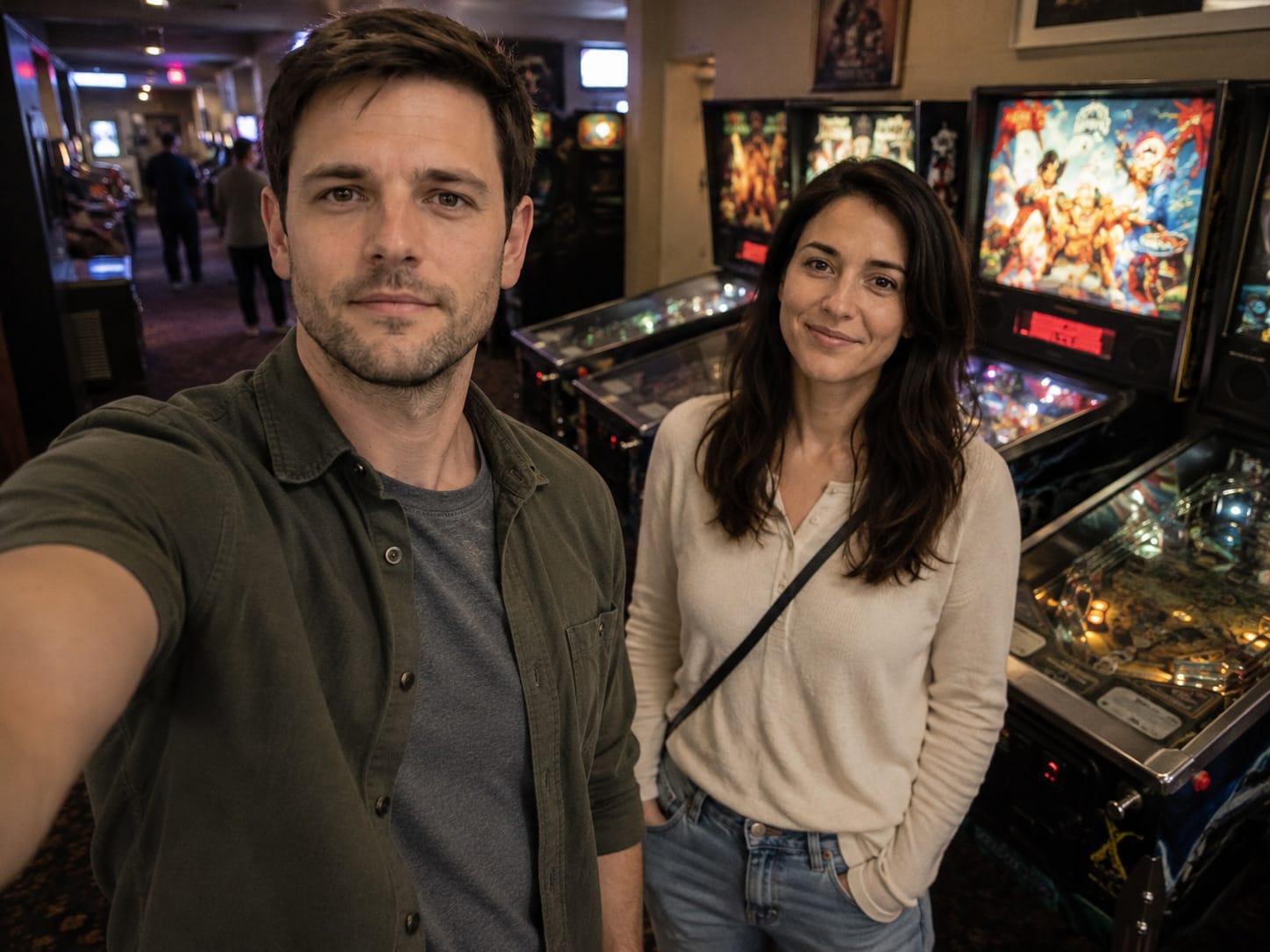 Evan takes a selfie with Nora beside glowing pinball machines in a worn local arcade.