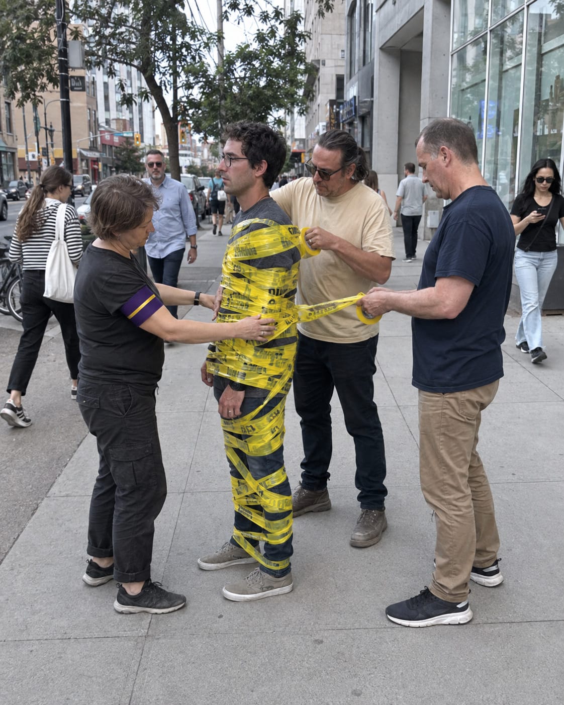 Three adults wrap a calm standing man in yellow caution tape on a city sidewalk while pedestrians casually pass by.