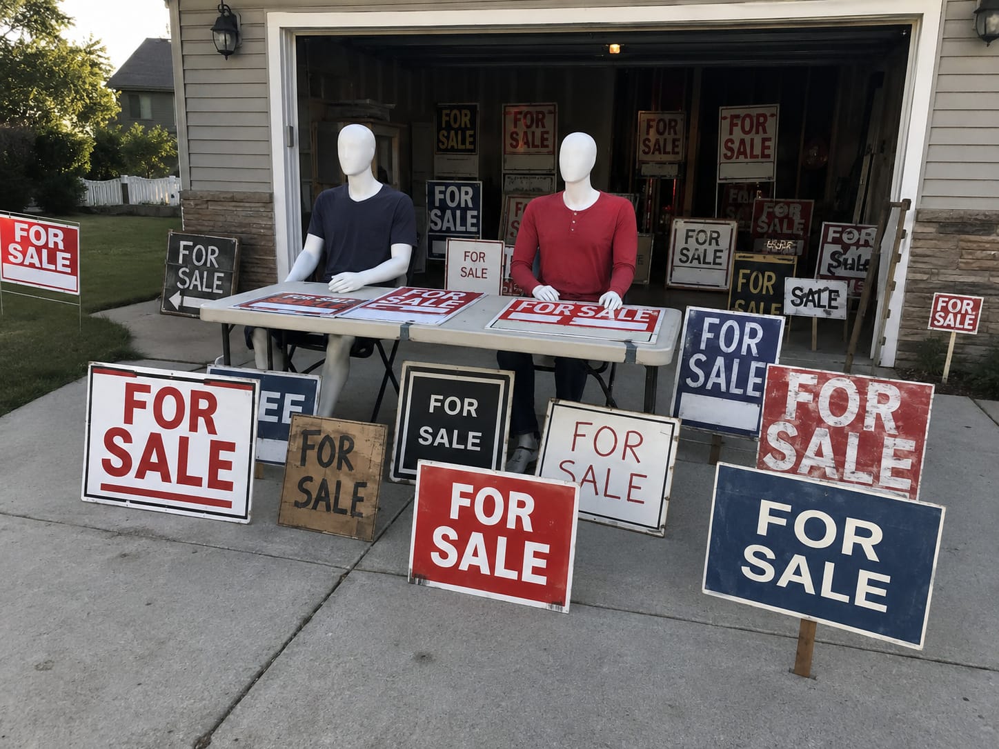 Two retail mannequins run a suburban garage sale where every item for sale is a different FOR SALE sign.