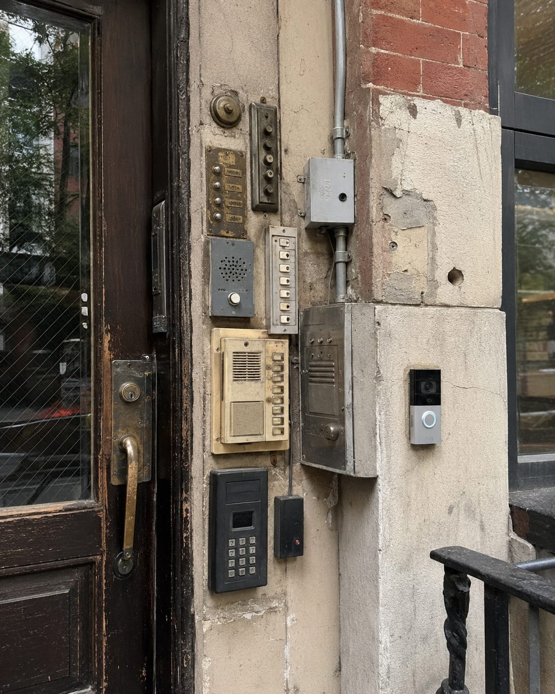 Generations of doorbells, buzzers, intercoms and a video doorbell crowd the worn wall beside an old apartment entrance.