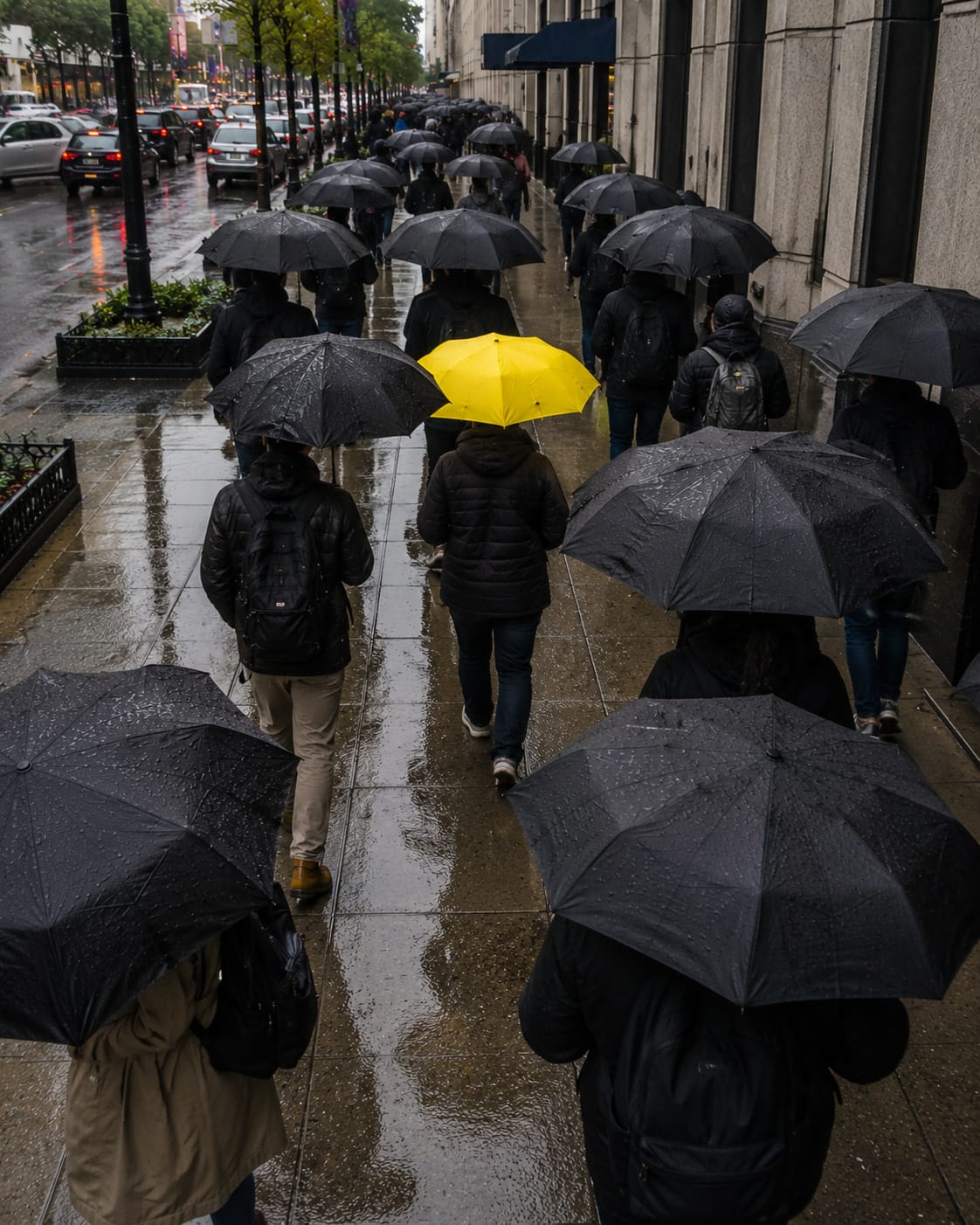Rainy downtown sidewalk crowded with dark umbrellas, with one bright yellow umbrella standing out near the center.