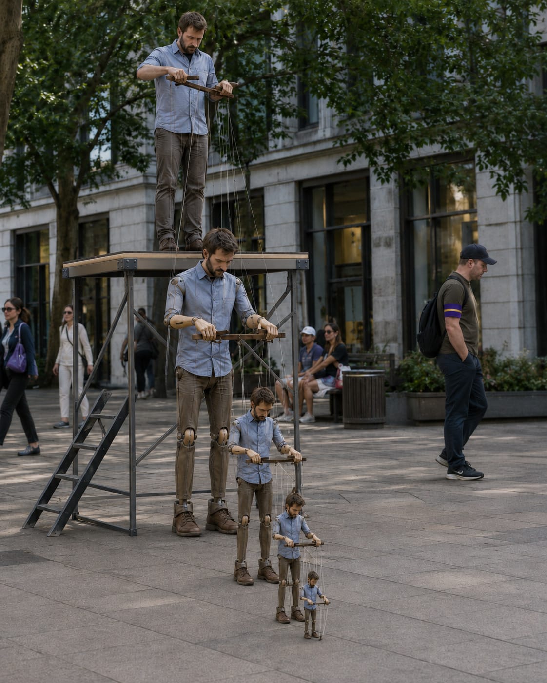 Man on a raised platform operates a life-size puppet of himself, which controls two progressively smaller matching puppets below.