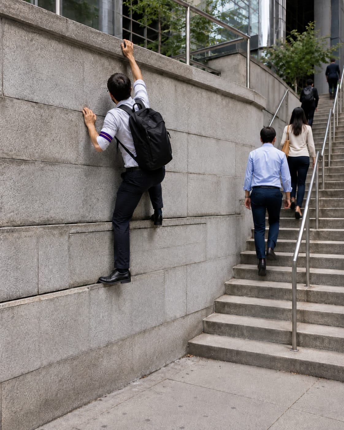 Commuter in office clothes climbs a stone retaining wall beside an open staircase, wearing a purple-and-gold armband.