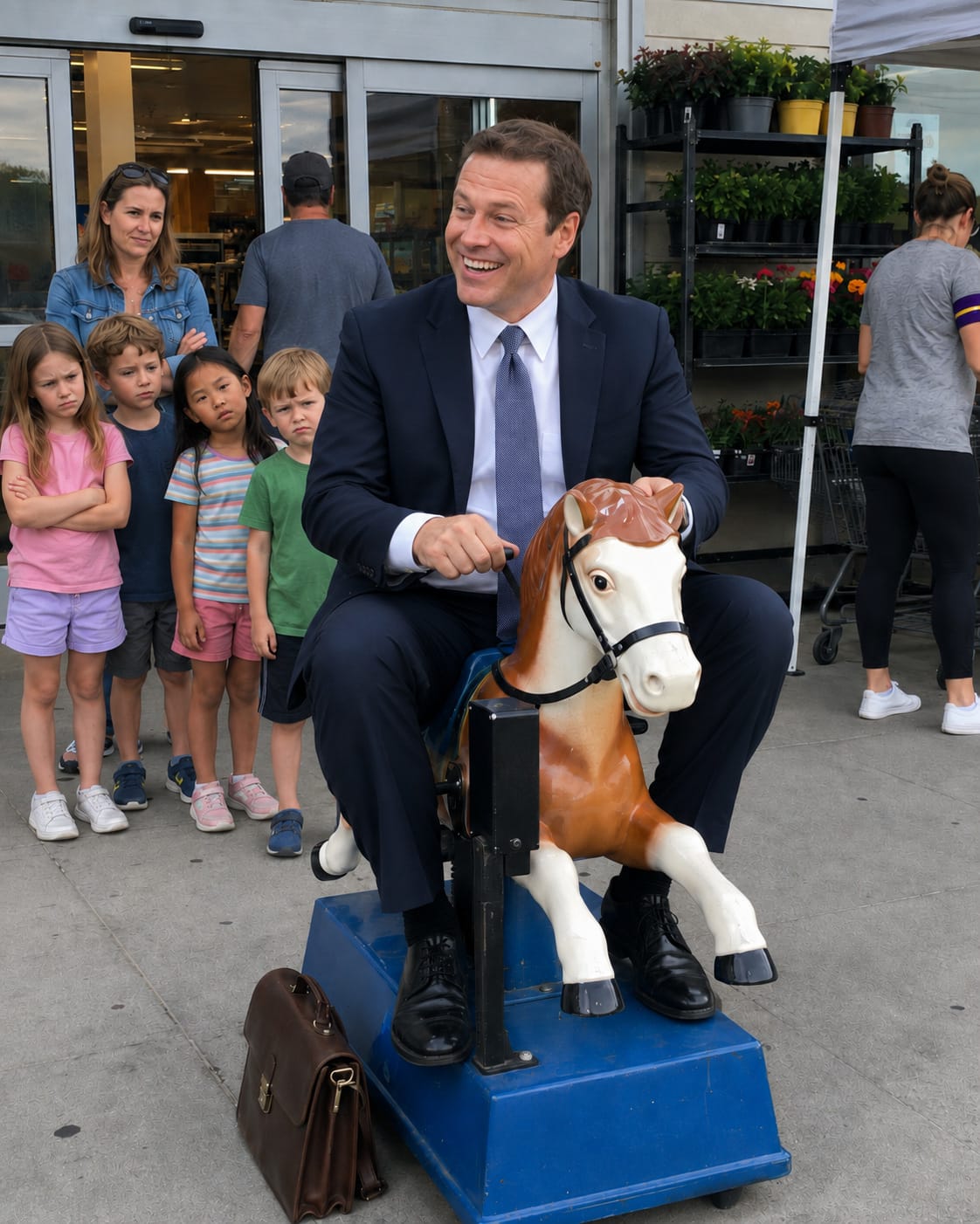 A suited man grins on a coin-operated horse outside a grocery store while a line of impatient children waits behind him.