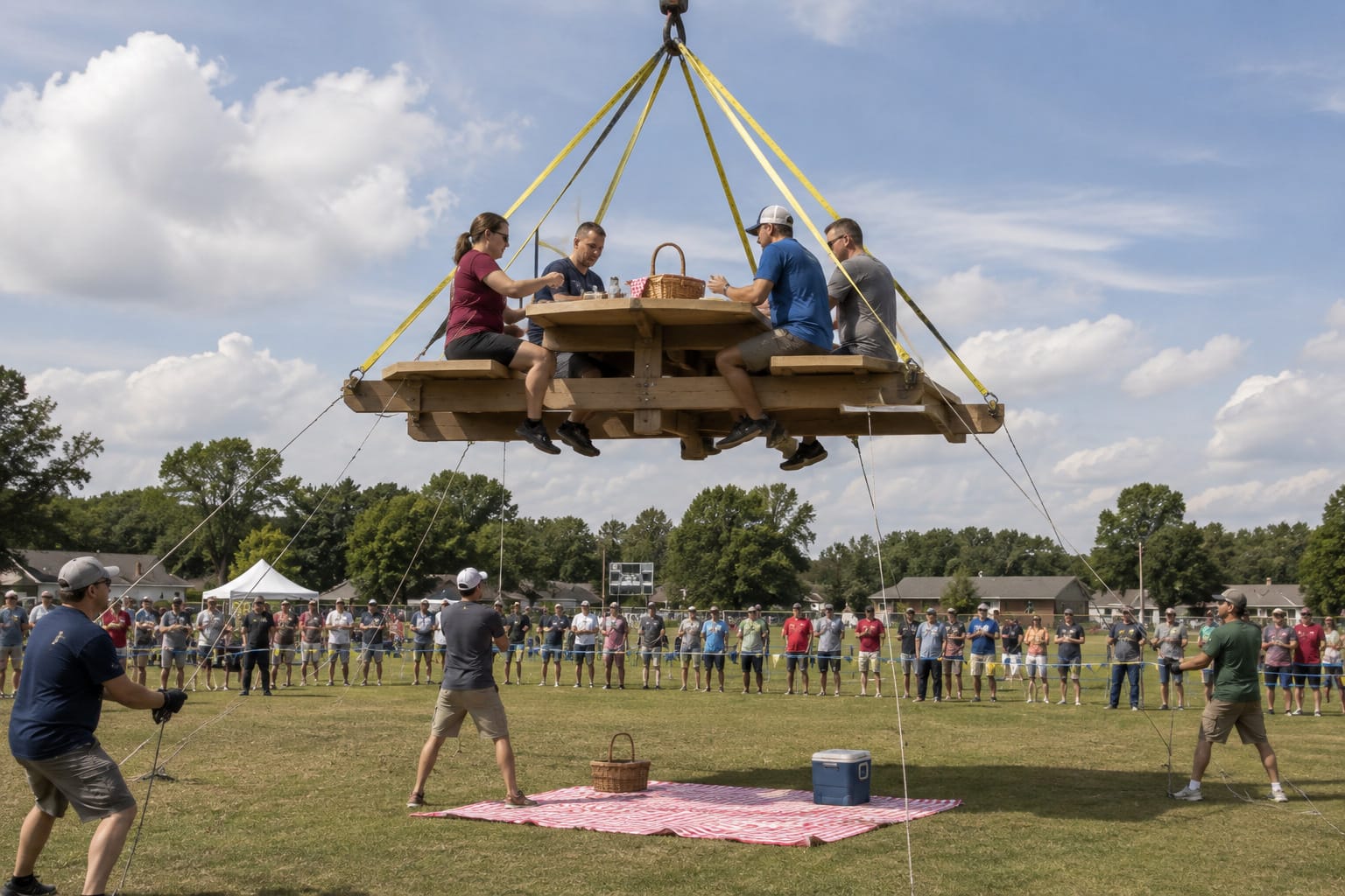 A picnic table full of seated diners hangs in the air from crane straps while crews hold guide ropes below.