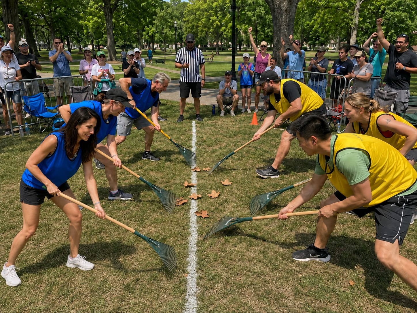 Nora leads the blue team in a competitive leaf-raking match as spectators cheer across a chalk line in a sunny park.