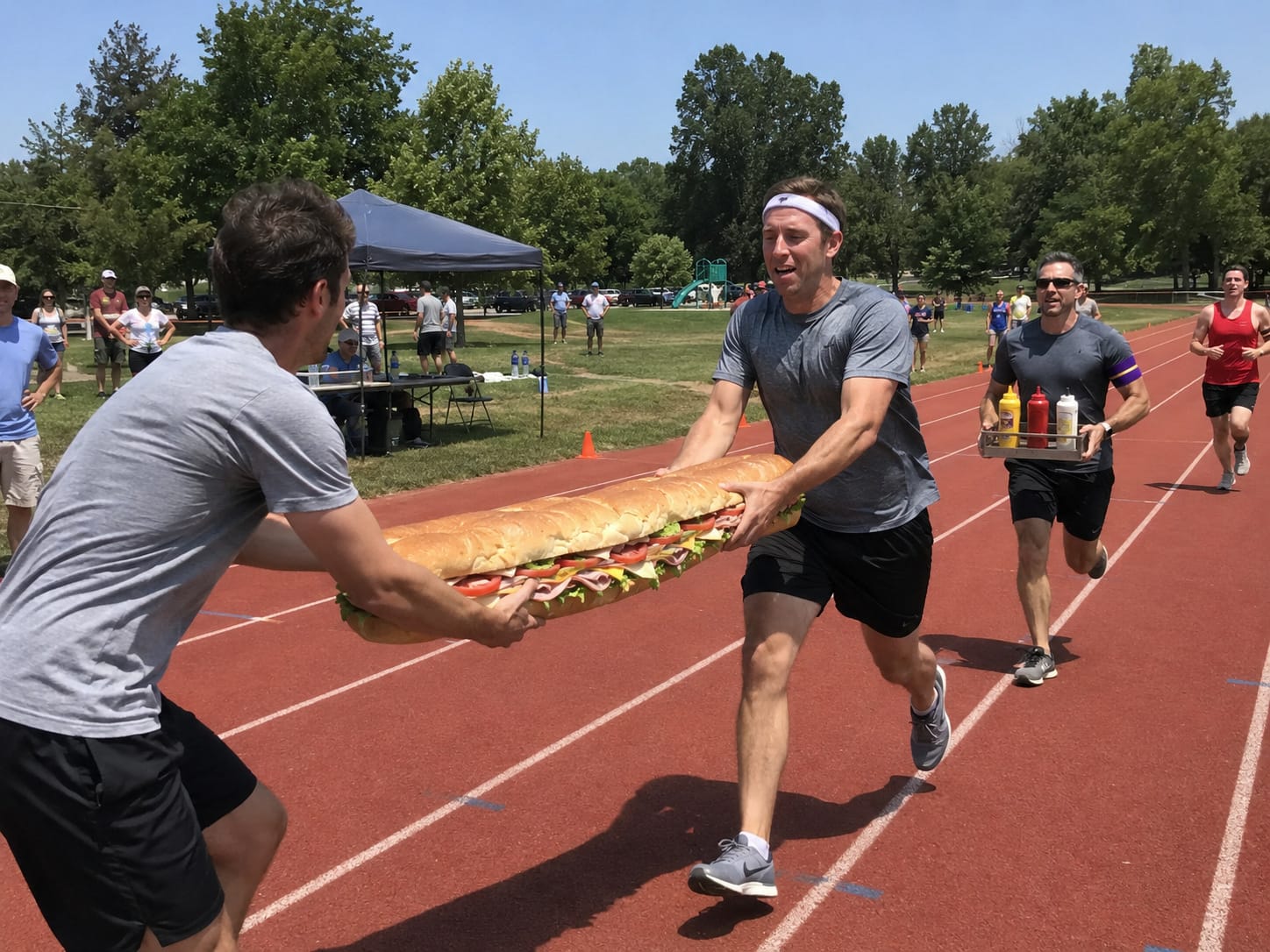 Two runners hand off a six-foot sub sandwich on a track while a teammate runs behind carrying condiments.