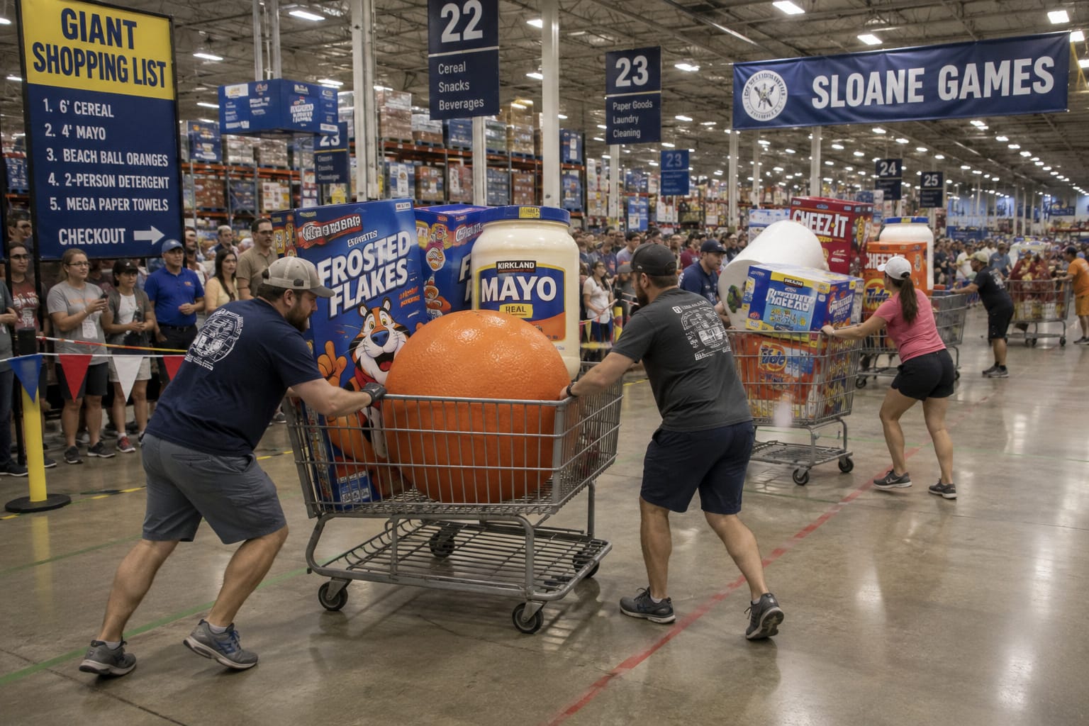 Teams push carts loaded with oversized groceries through a warehouse-style course with giant cereal and mayo.