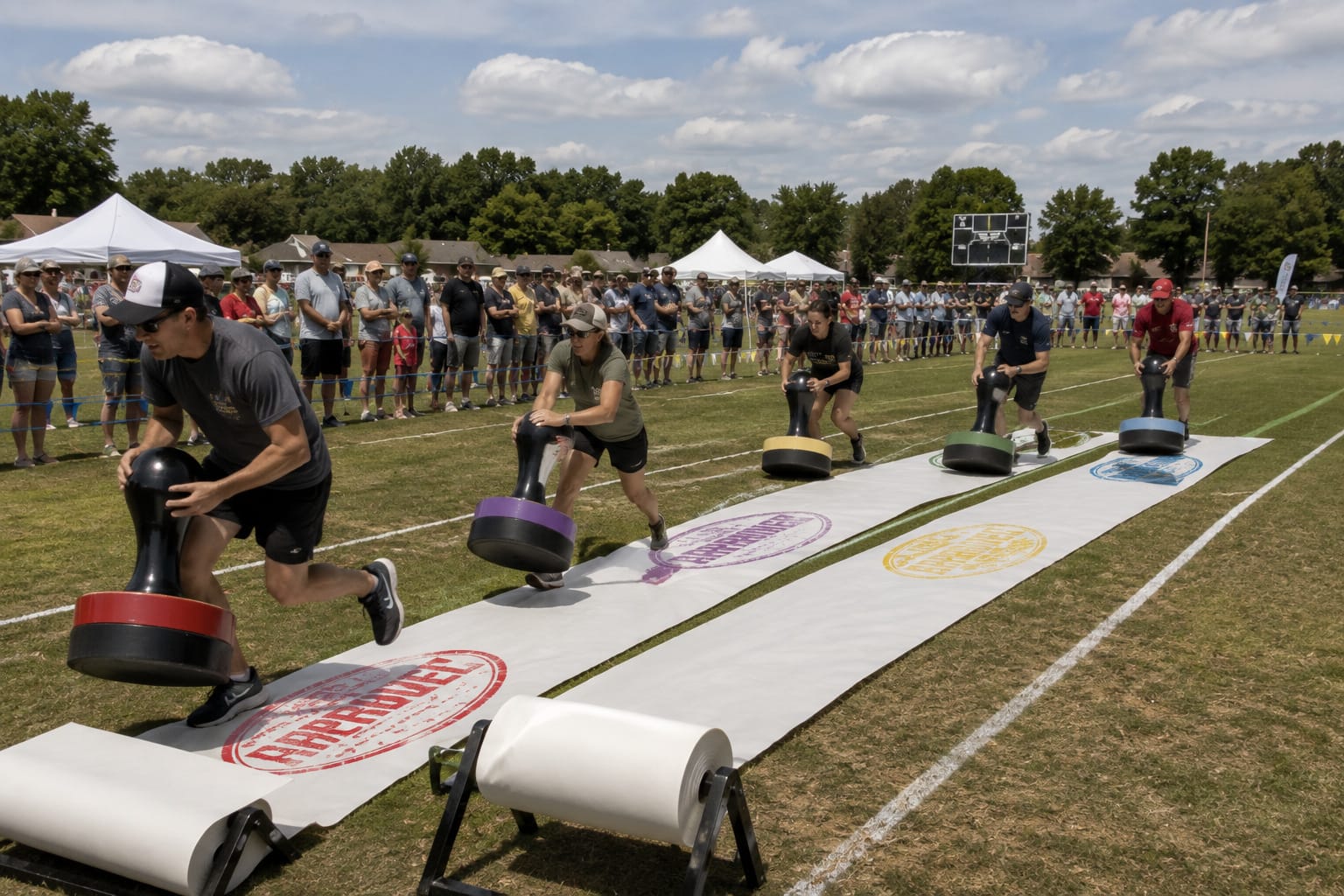 Competitors race with giant office stamps, pressing huge colored stamp marks onto long rolls of paper.