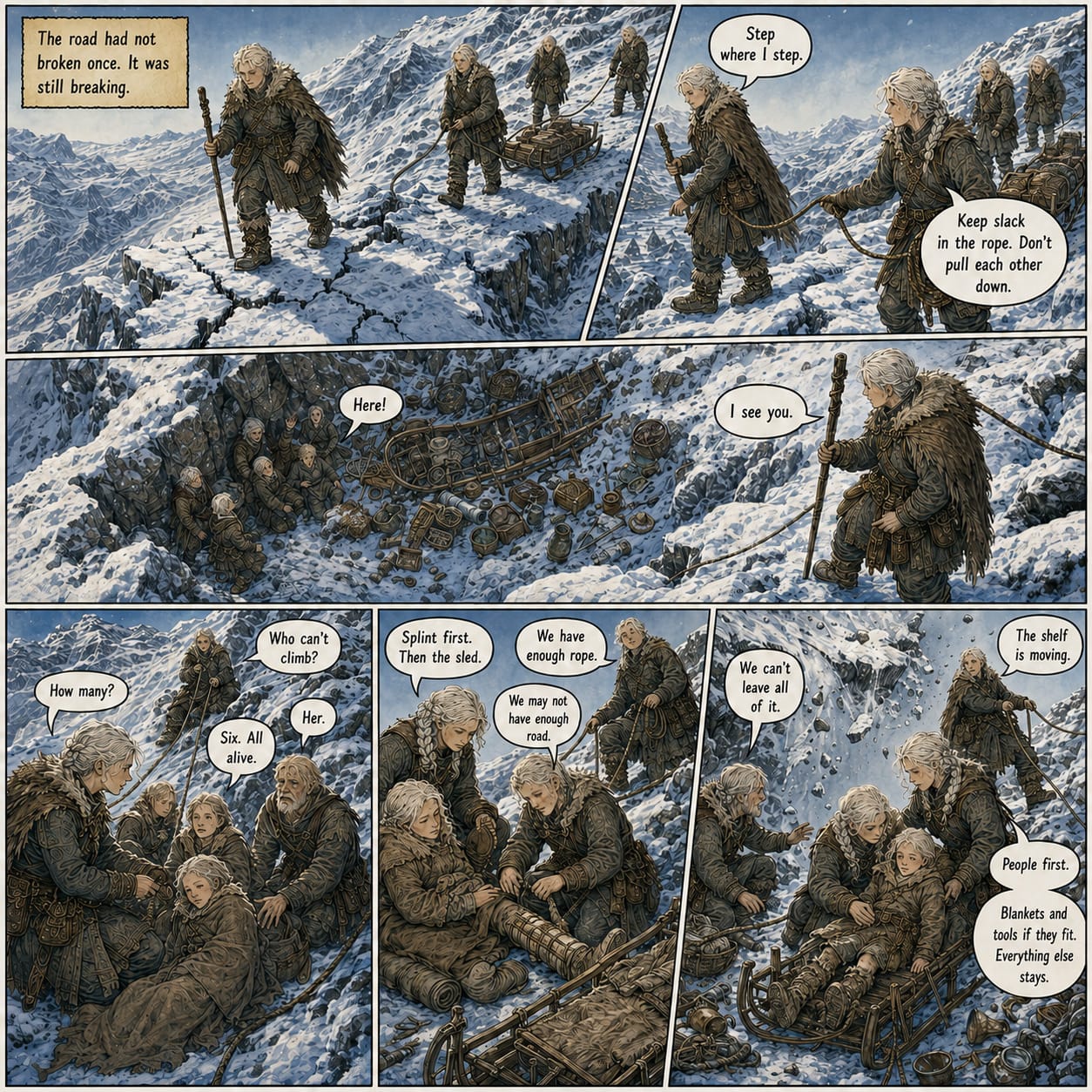 The rescue party finds six stranded travelers below a broken ridge and prepares to abandon cargo to save them.