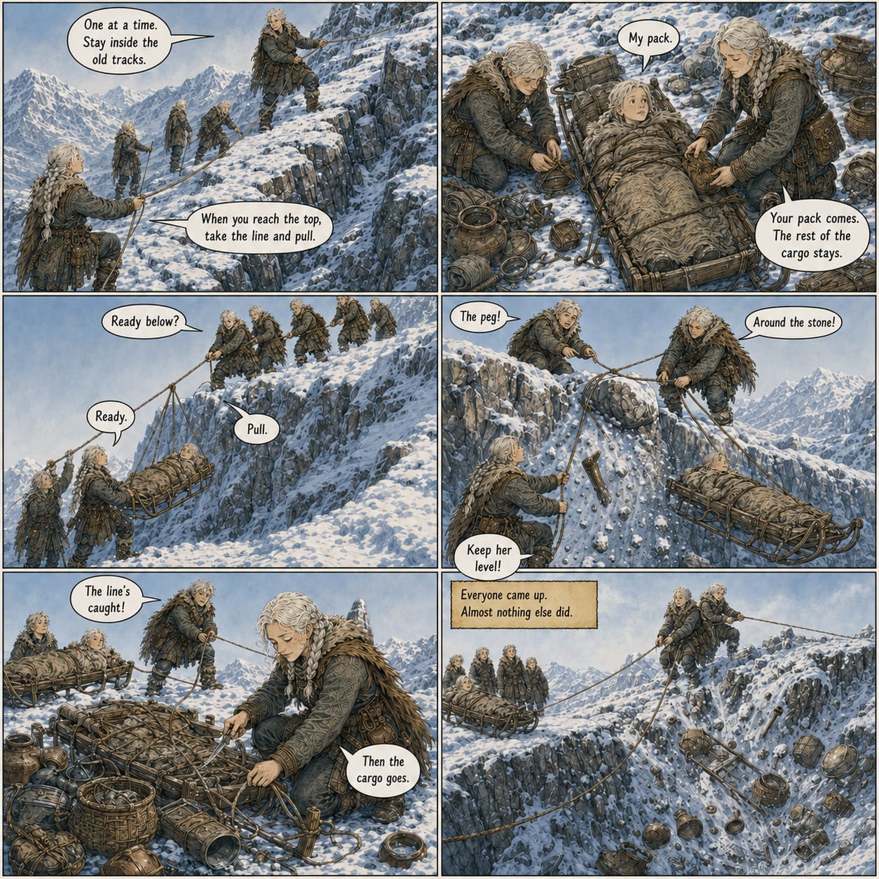 Rescuers haul an injured traveler up a collapsing slope; Sela cuts the trapped cargo loose so everyone survives.