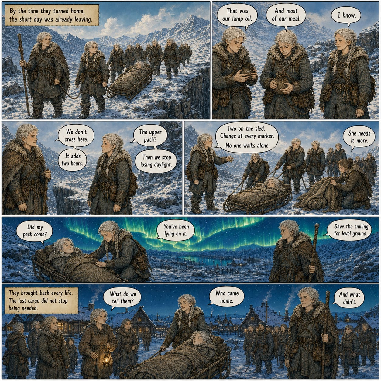 Eleven exhausted travelers take the long route home under the aurora, carrying every survivor but little of the lost cargo.