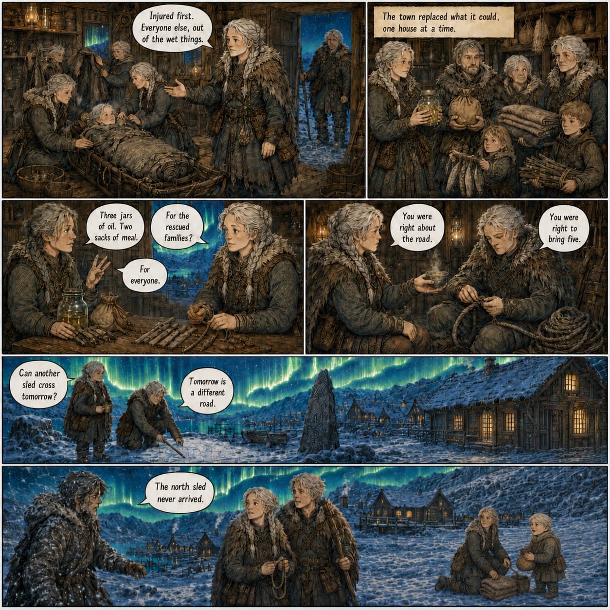 The town shares scarce supplies, Sela and Rovan acknowledge each other’s judgment, and a messenger reports another missing sled.