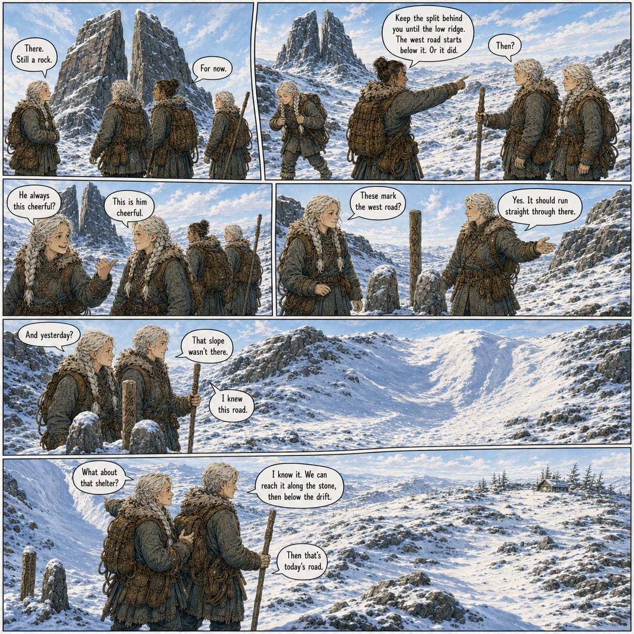 Tavi and Orin turn back at Split Rock; Sela and Rovan find the west road buried and spot a distant traveler shelter.