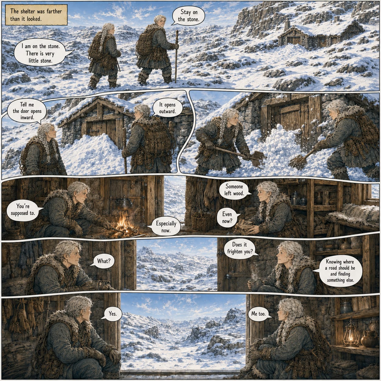 Sela and Rovan reach the snow-blocked shelter, dig out the door, warm themselves inside, and admit they are both afraid.