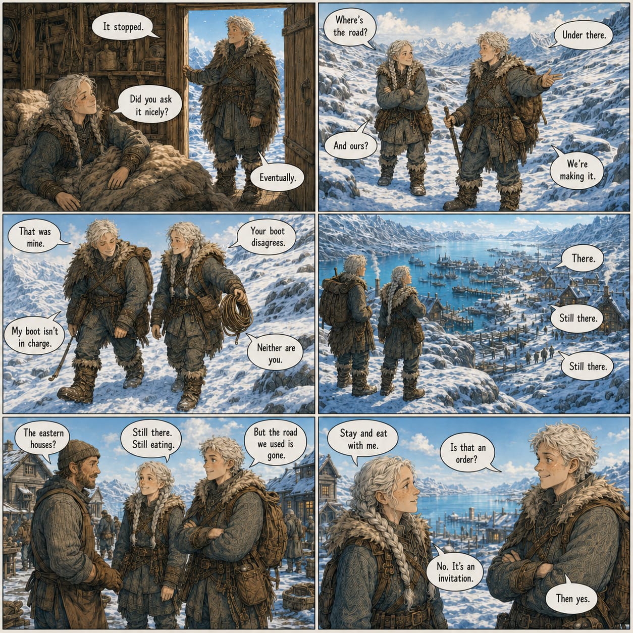They return to the coast, report the eastern houses safe but cut off, and Sela invites Rovan to stay and eat with her.