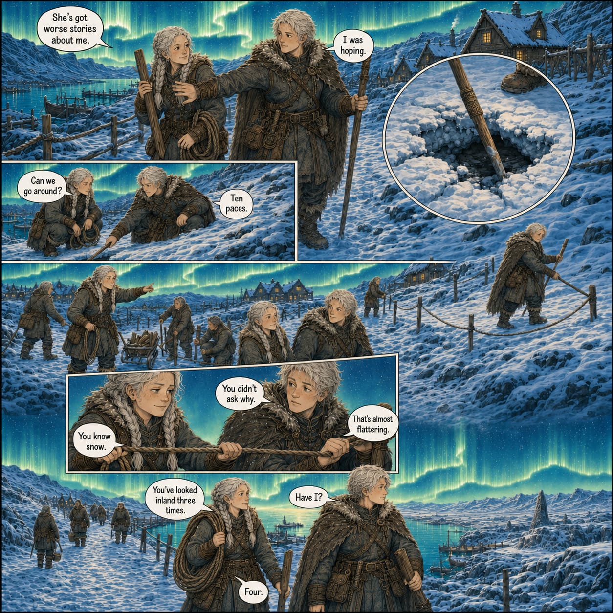 Rovan spots a hidden snow hollow and marks a safe route while Sela turns his warning into a path others can use.