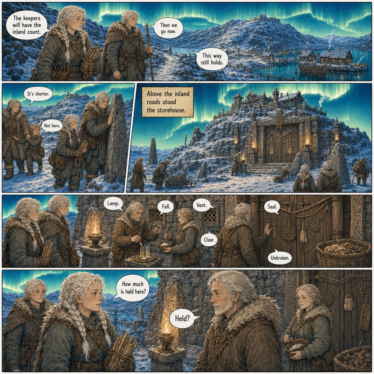 Sela and Rovan reach the sacred mountain storehouse, where keepers tend lamps, seals, and offerings beneath the aurora.