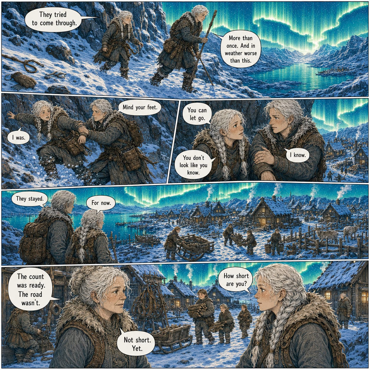 On a failing mountain route, Rovan catches Sela from a slip; they reach the still-functioning but isolated eastern houses.