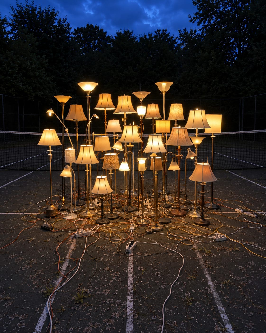 Dozens of mismatched floor lamps glow at dusk in the center of an abandoned tennis court, powered by a web of extension cords.