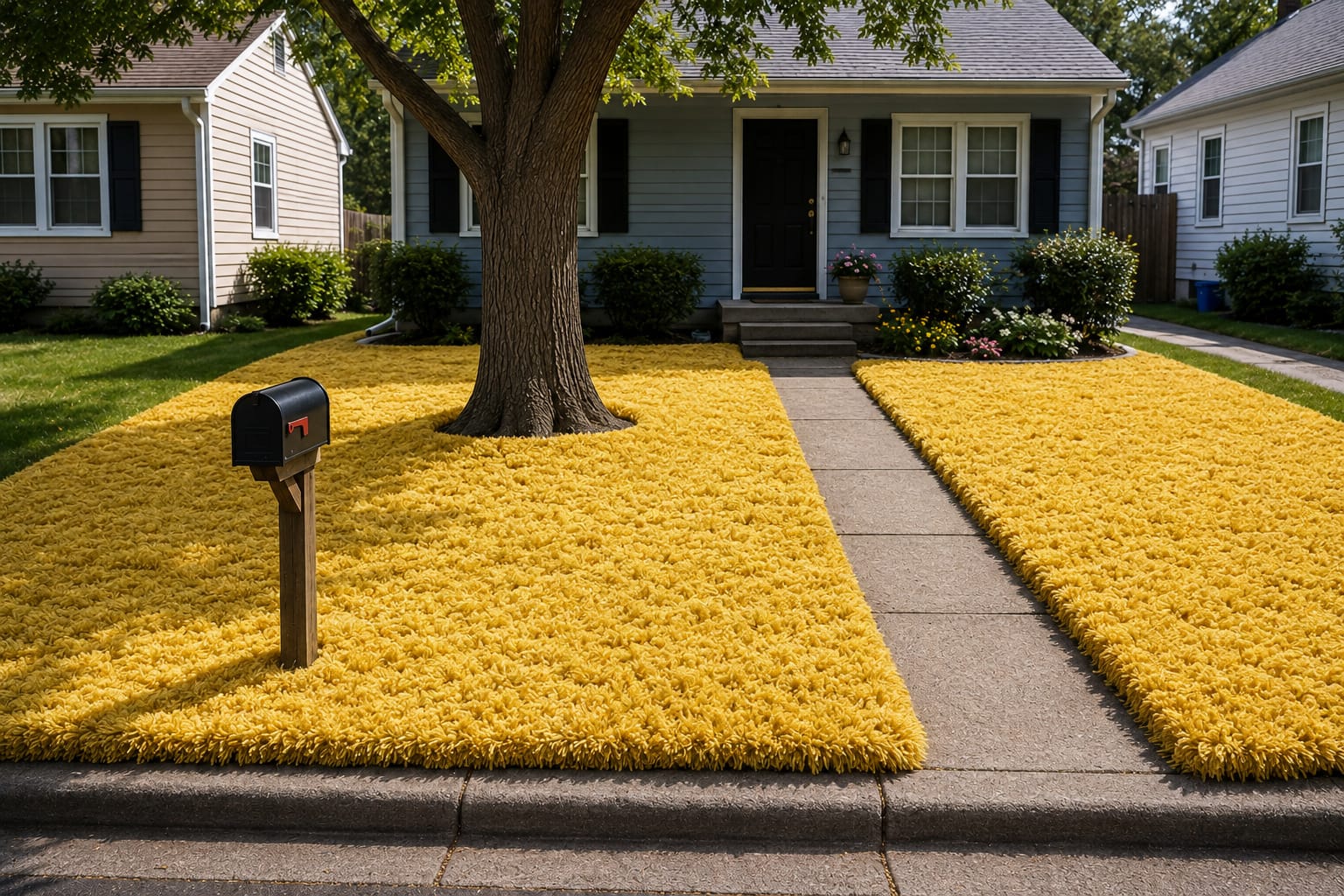 A suburban house with its entire front lawn replaced by fitted mustard-yellow shag carpet, while neighboring lawns remain green.