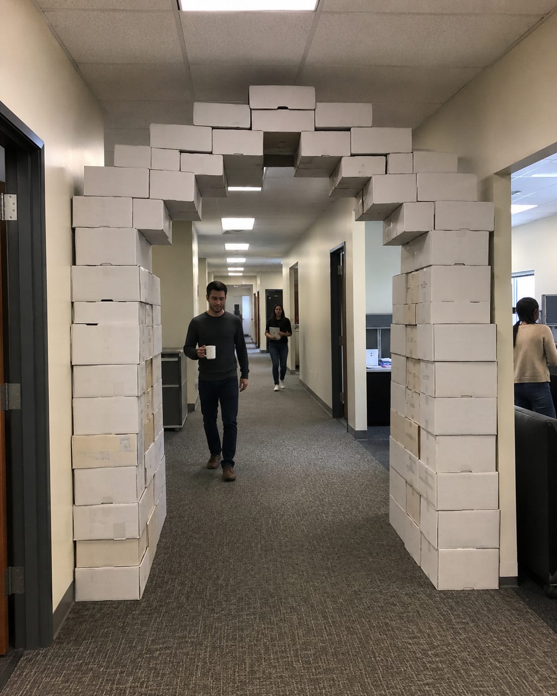 Printer-paper boxes form a full office archway as employees casually walk beneath it in a bland fluorescent corridor.