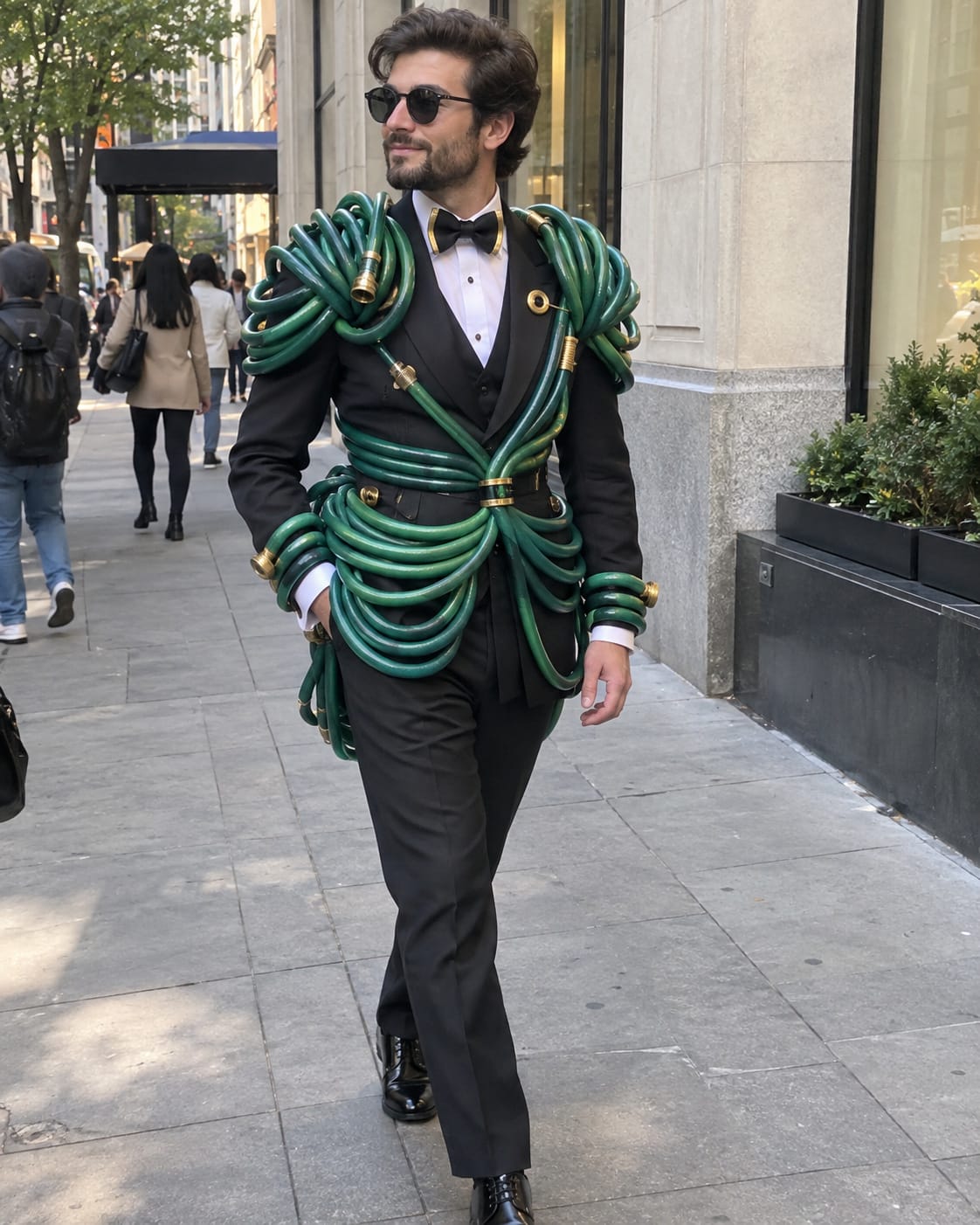 Man in a black formal suit walks downtown with sculptural green garden hoses coiled around his shoulders, waist, and hips.
