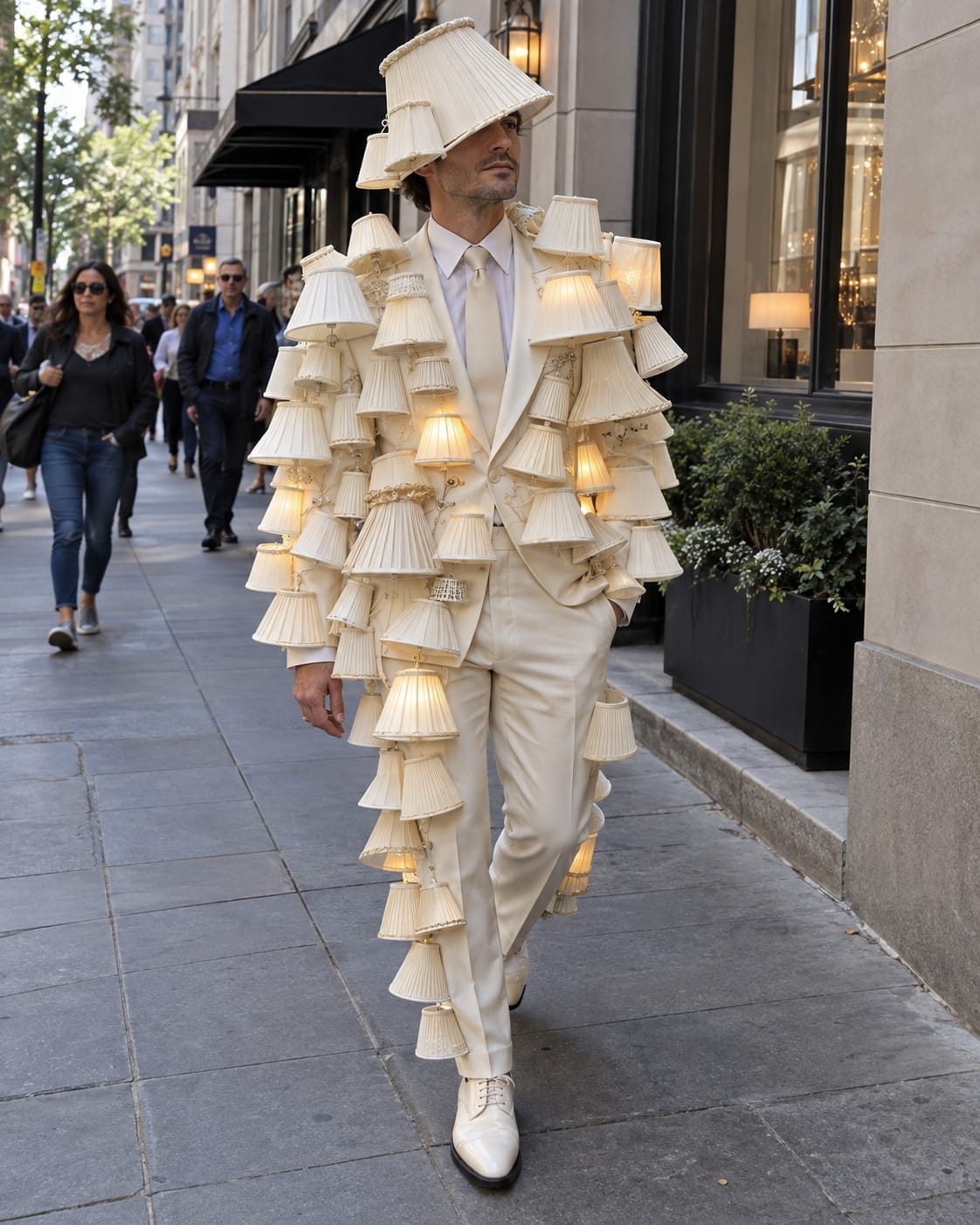 Man in a cream suit covered with small pleated lampshades walks downtown, with several shades softly glowing and one worn as a hat.