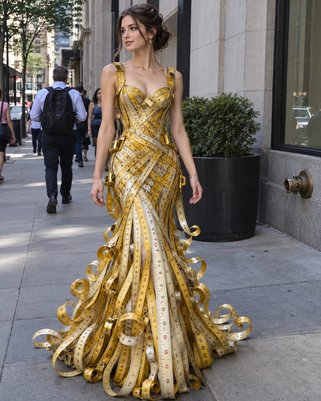 Woman wears a fitted gold evening gown woven from yellow measuring tapes, with numbered lengths curling around the skirt.