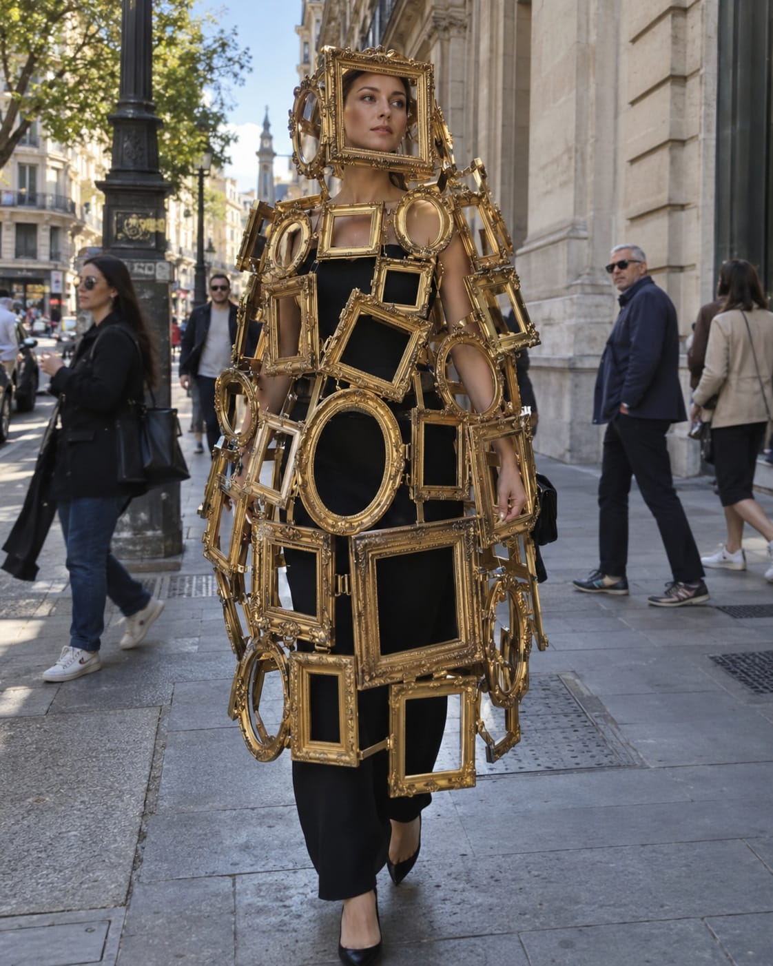 Elegant woman walks a city sidewalk in a black dress surrounded by ornate empty gold picture frames, one perfectly framing her face.