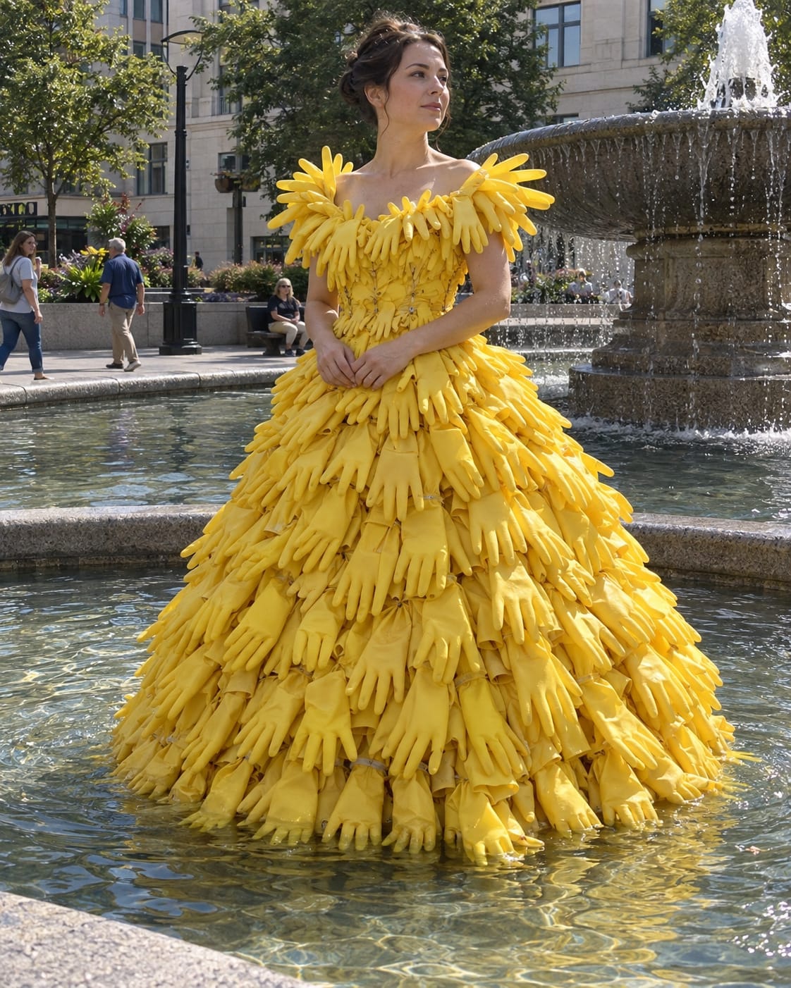 Woman in a fountain wears a voluminous ball gown made from hundreds of bright yellow rubber dishwashing gloves.