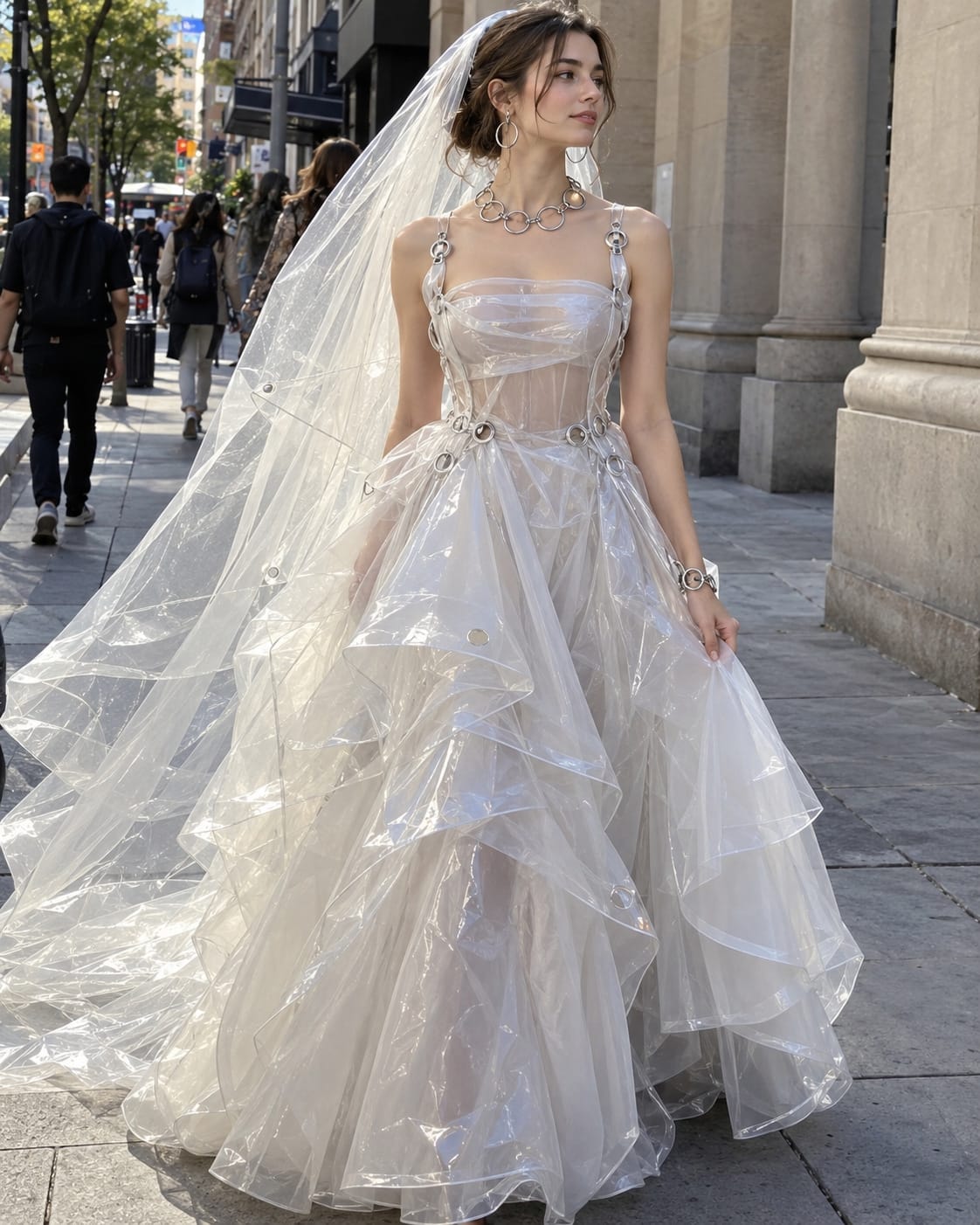 Woman walks a city sidewalk in a translucent bridal gown and veil made from clear shower curtains with chrome-ring jewelry.