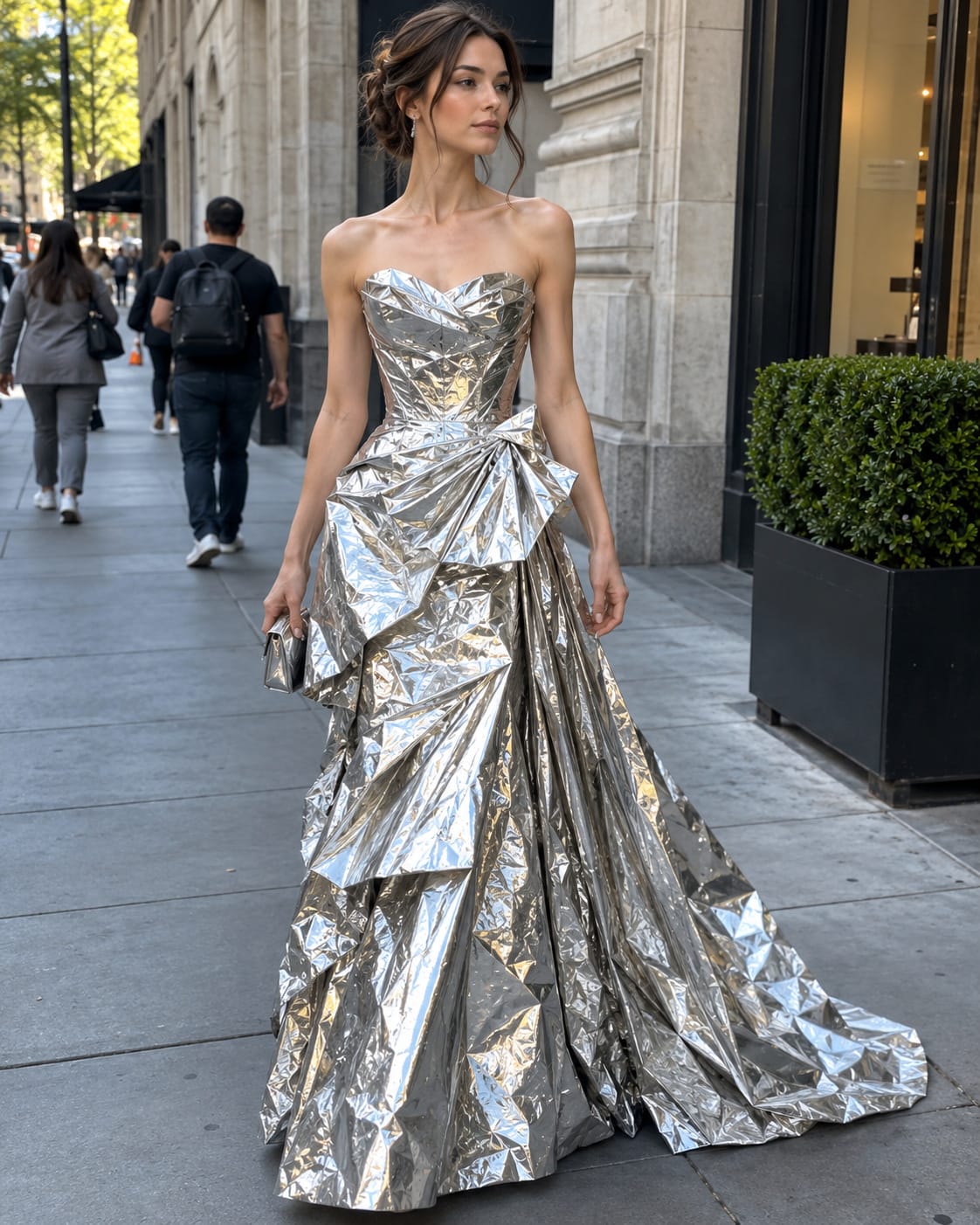 Woman walks downtown in a sculptural silver evening gown made from folded and burnished aluminum foil panels.