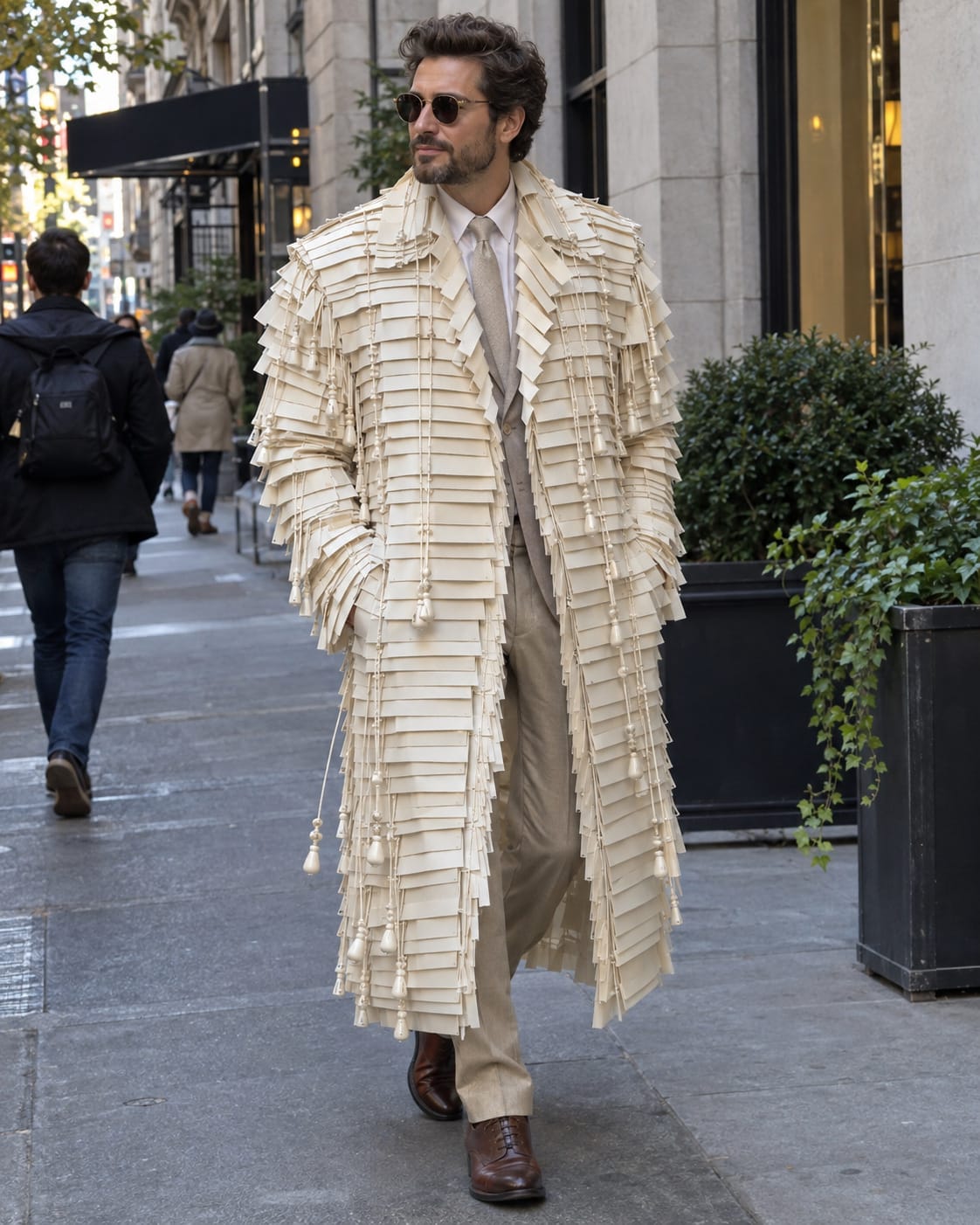 Man walks downtown in a long cream coat made from overlapping Venetian-blind slats, with pull cords hanging as trim.
