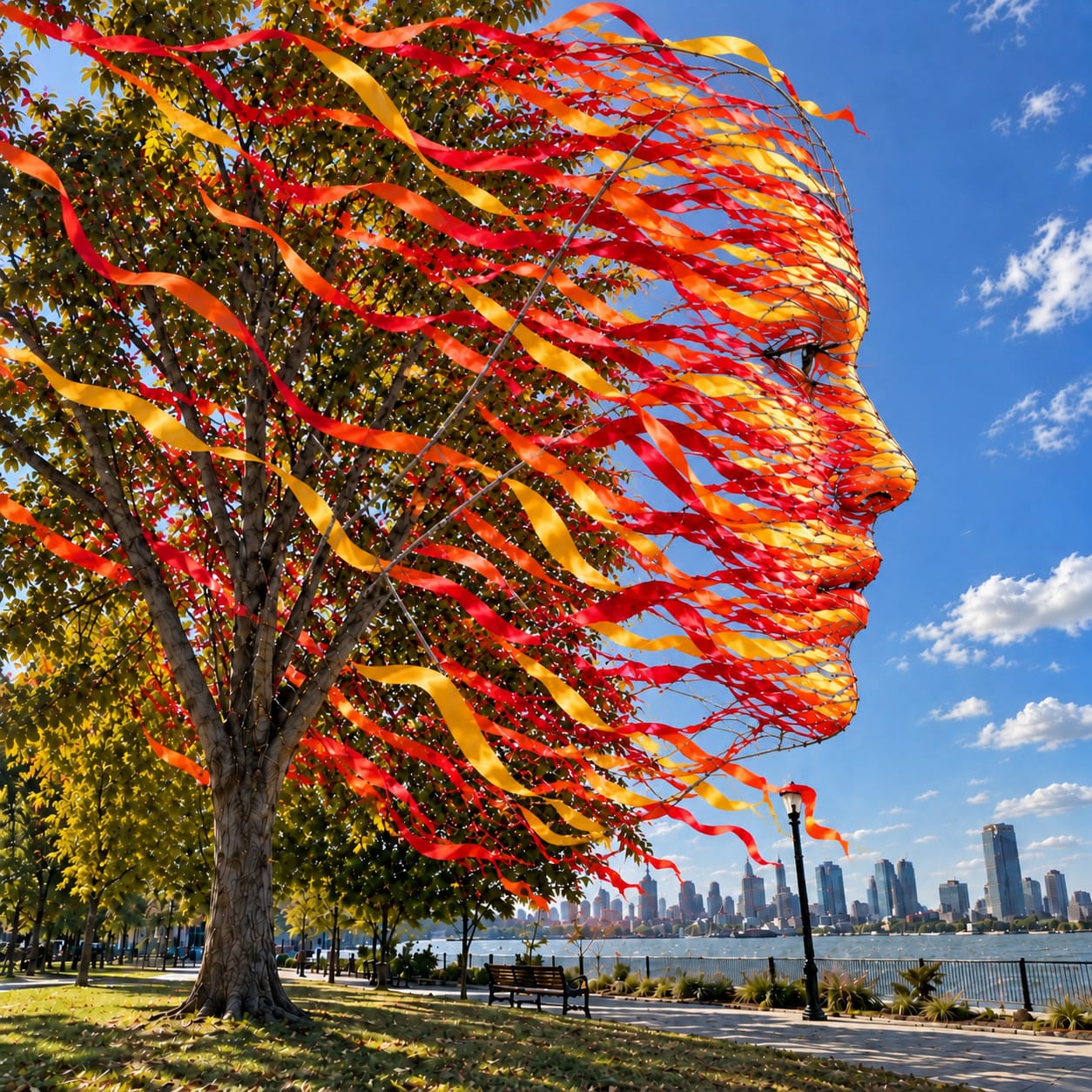 Giant fiery ribbon face rises through a waterfront tree, watching over the city from a windblown wire-frame installation.