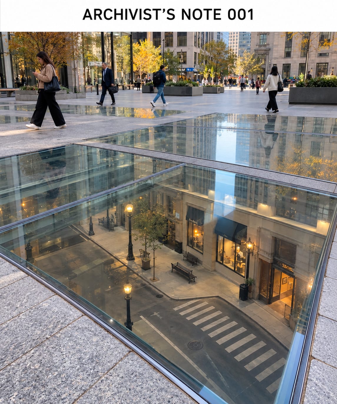 Archivist’s Note 001 header above a plaza where glass paving reveals an intact, inaccessible city street below.
