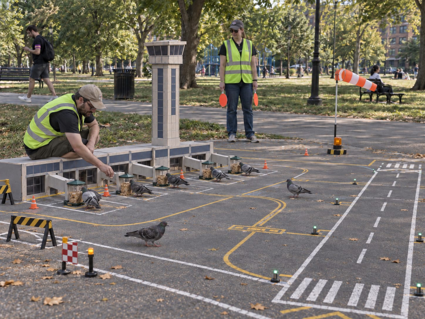 Miniature pigeon airport in a park with runways, terminal feeders, control tower, ground crew, and pigeons ignoring procedures.